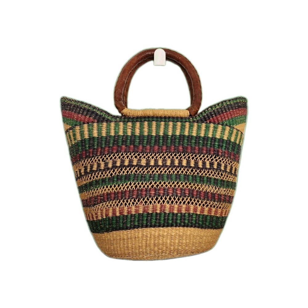 Hand-Woven Artisian Straw & Leather Tote Multicolor U Shopper Market Beach Boho - Picture 2 of 10